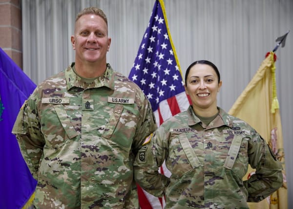 Thomas Urso, left, was promoted to first sergeant. Outgoing First Sgt. Mayra Haaglund received the Meritorious Service Medal.