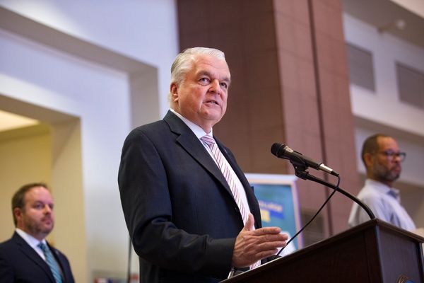 Gov. Steve Sisolak discusses measures to help the public with housing stability amid the COVID-19 public health crisis at a p