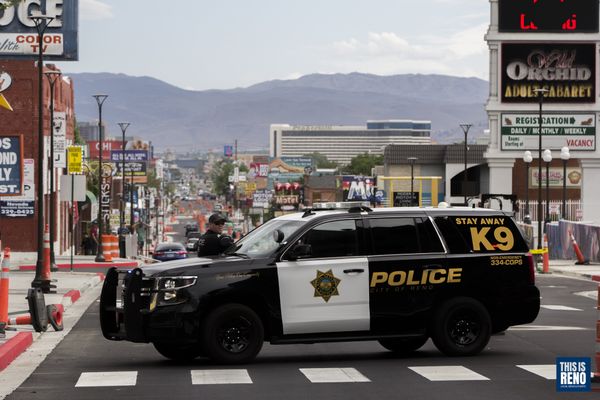 A Reno Police vehicle blocks Virginia Street on May 30, 2020.
