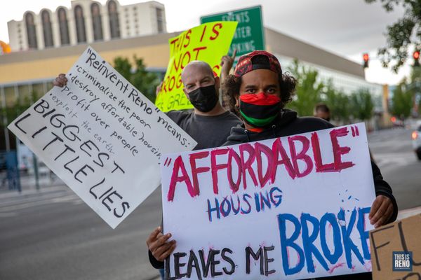 Protesters outside the U.S. Conference of Mayors in Reno, Nev. on June 4, 2022.